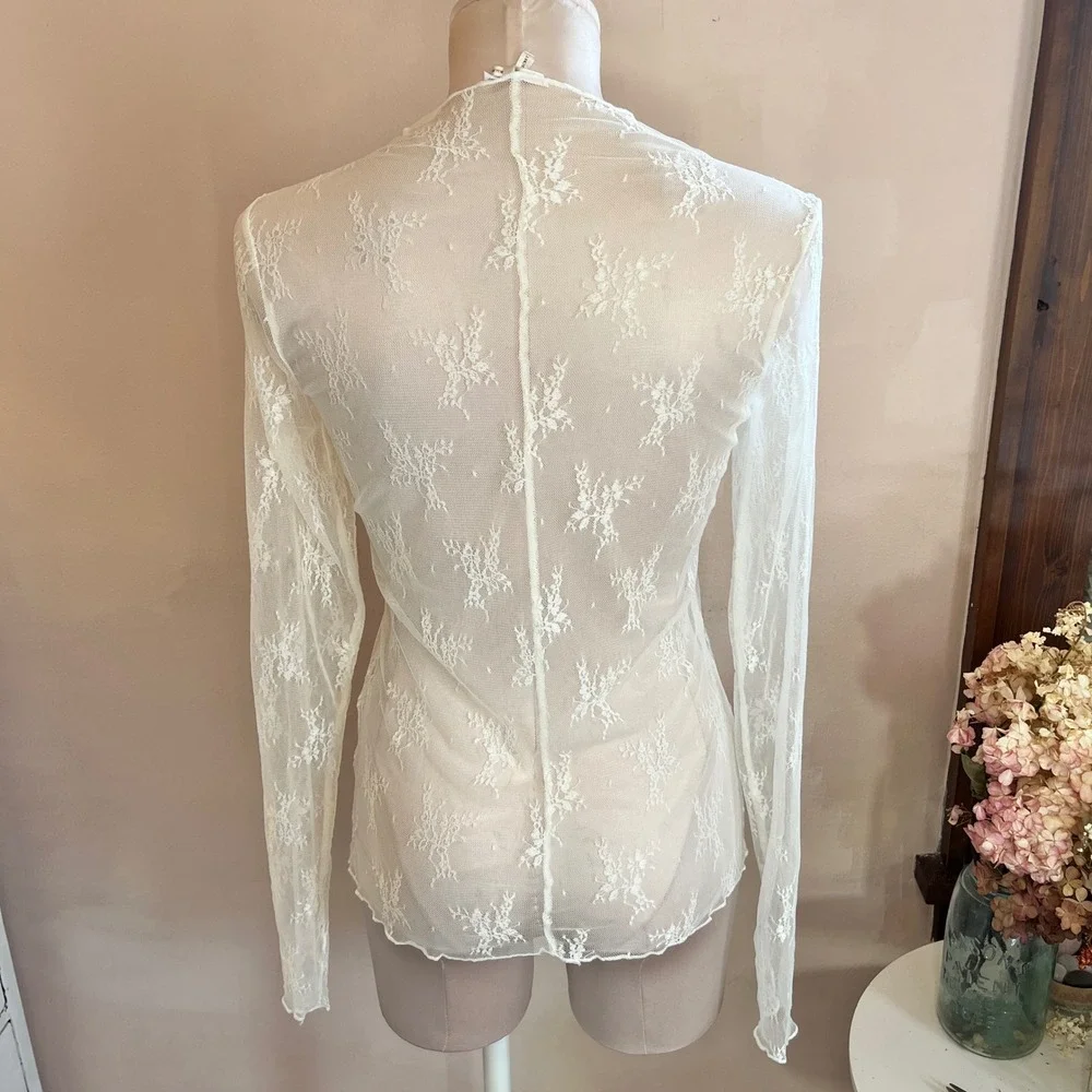 Women Cream Sheer Floral Lace Lux Layering Mock Neck Long Sleeve Top Size M